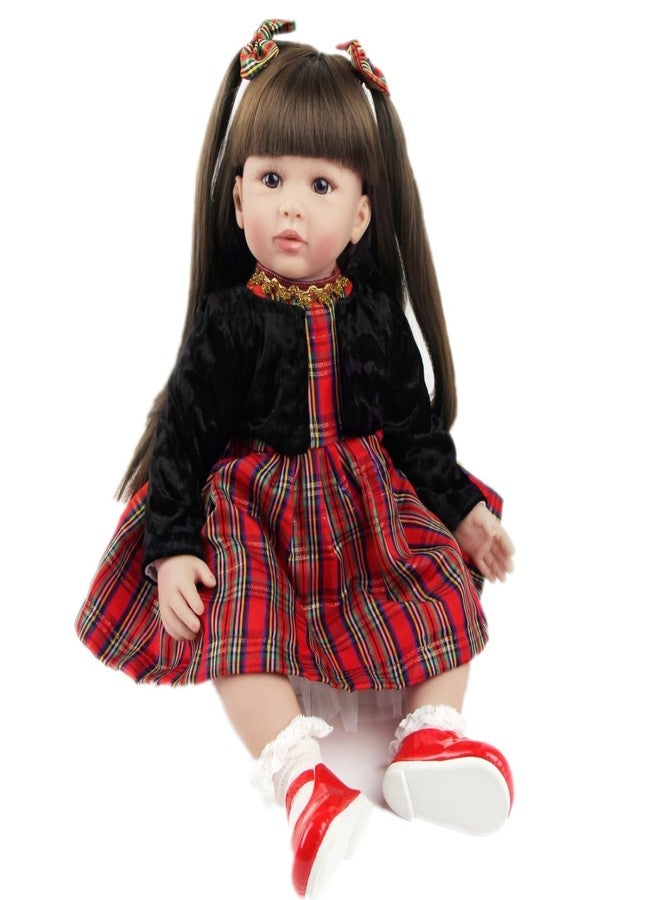 truly soft Realistic Baby Doll with Long Hair, Red Plaid Dress, and Black Sweater, 24 Inches Realistic Baby Doll Soft Silicone Vinyl Lifelike Newborn Baby Girl, Real Baby with Soft Weighted Body - Image 2